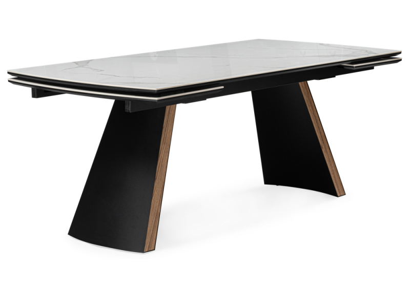 Керамический стол Симмонс 180(260)x90 statuario titan gloss / черный / орех дуб монтана (90x76). 