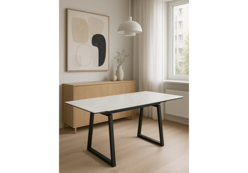 Керамический стол Джек 140(200)х80 белый мрамор alpin white / черный (80x75)
