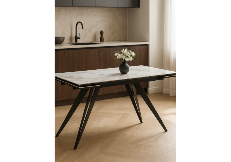 Керамический стол Дарвин 160(220)х89 белый с прожилками gilt white / черный (89x75)