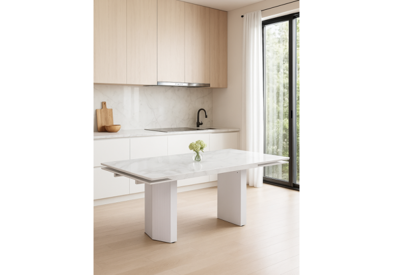 Стол стеклянный Монерон 200(260)х100х77 белый мрамор / белый (100x77)
